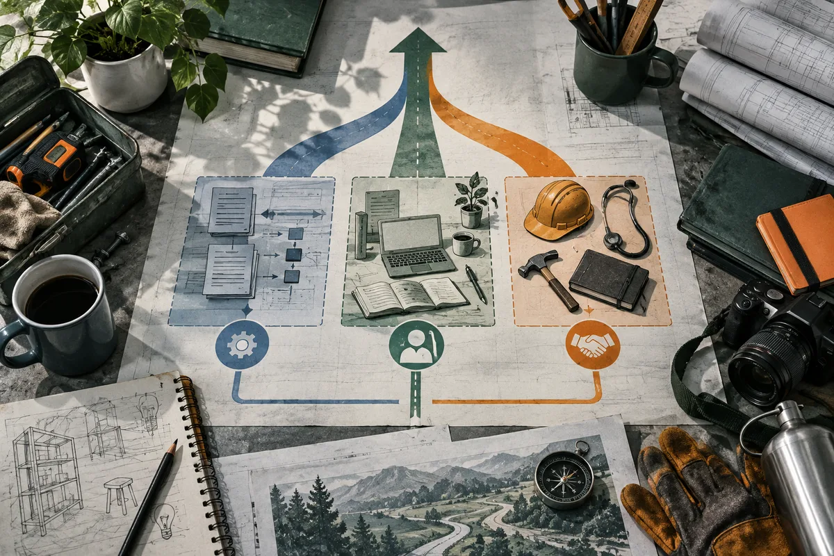 A paper flow diagram branches into three colored paths above panels showing documents, a laptop and notebook, and work tools including a hard hat, stethoscope, hammer, and book. Drafting papers, a compass, camera, gloves, coffee, and plants surround the diagram.