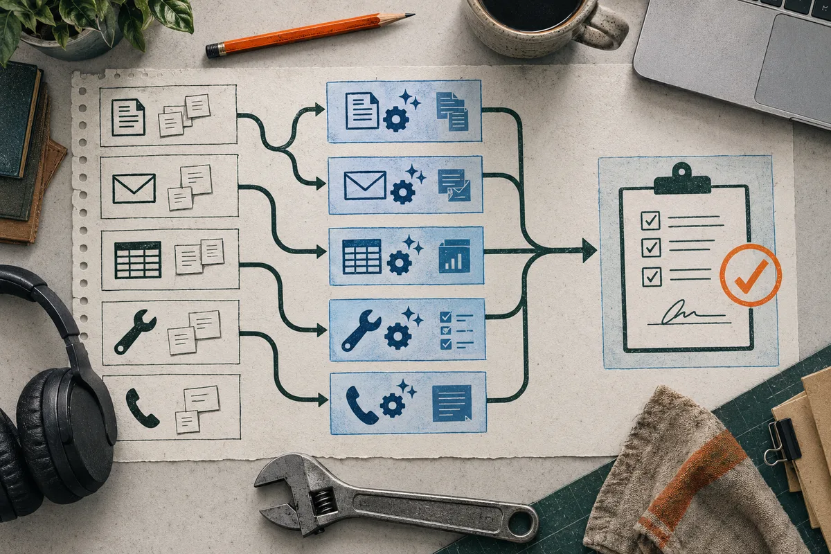 A paper flowchart shows document, email, spreadsheet, tool, and phone icons leading through blue panels with gears and charts to a signed checklist with an orange check mark. A pencil, coffee, laptop, headphones, wrench, and cloth sit around the page.