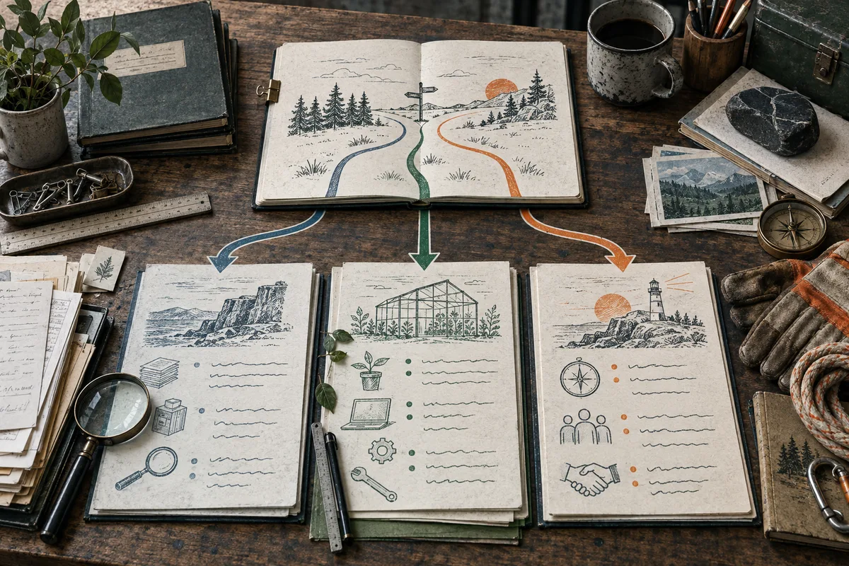 An open notebook shows three paths through a forest, each leading by a colored arrow to a separate illustrated page: a rocky landscape with equipment, a greenhouse with tools, and a lighthouse scene with people and a handshake. Papers, a compass, ruler, magnifying glass, mug, pencils, and work gloves surround the pages.