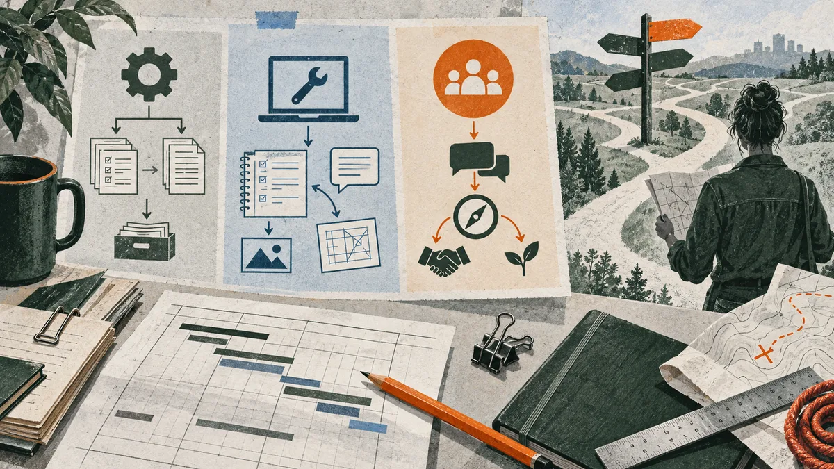 A desk with a project schedule, papers, a pencil, and a book sits before three illustrated panels showing document flow, a laptop and checklist, and chat and people icons. At right, a person faces branching paths and a signpost.