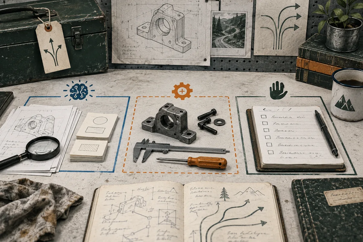 An illustrated workbench with a metal part, measuring tools, notes, and branching arrows connecting sketches, a winding road, and task lists.