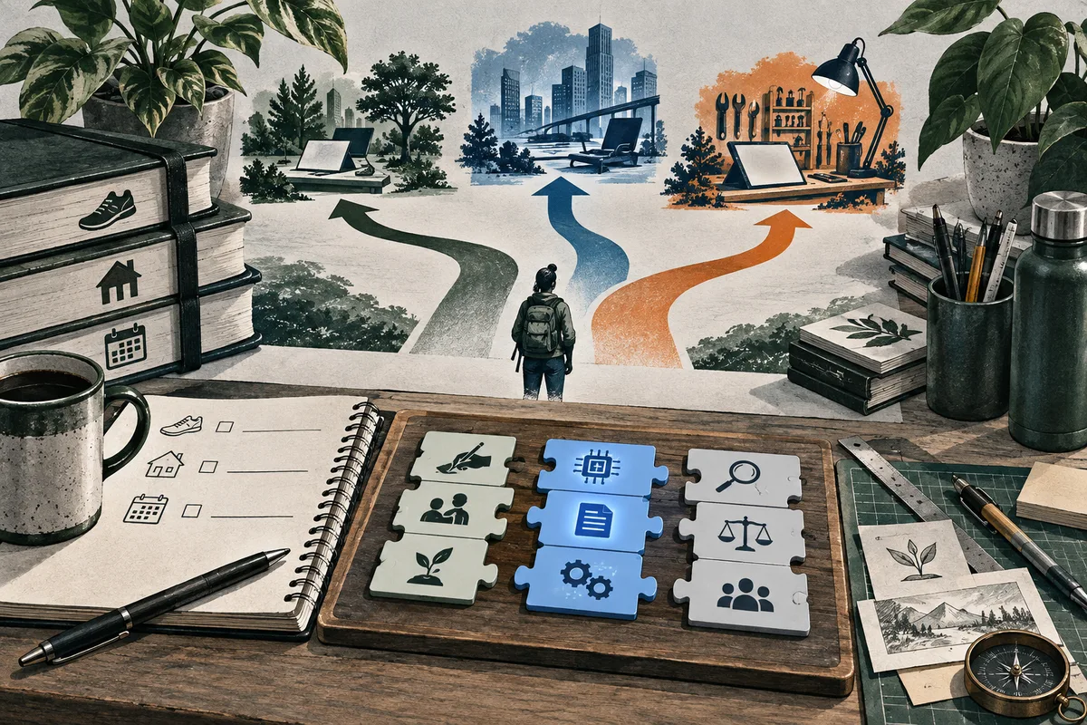 A backpacked figure faces three colored paths leading toward a green landscape, a blue city, and an orange workshop. A notebook and rows of icon-marked puzzle pieces sit on a desk in the foreground.