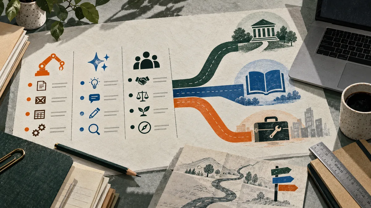 A paper career map divides work icons into orange, blue, and green columns, with colored paths leading toward a university, an open book, and a toolbox. A pencil, laptop, coffee cup, and ruler sit around the map.