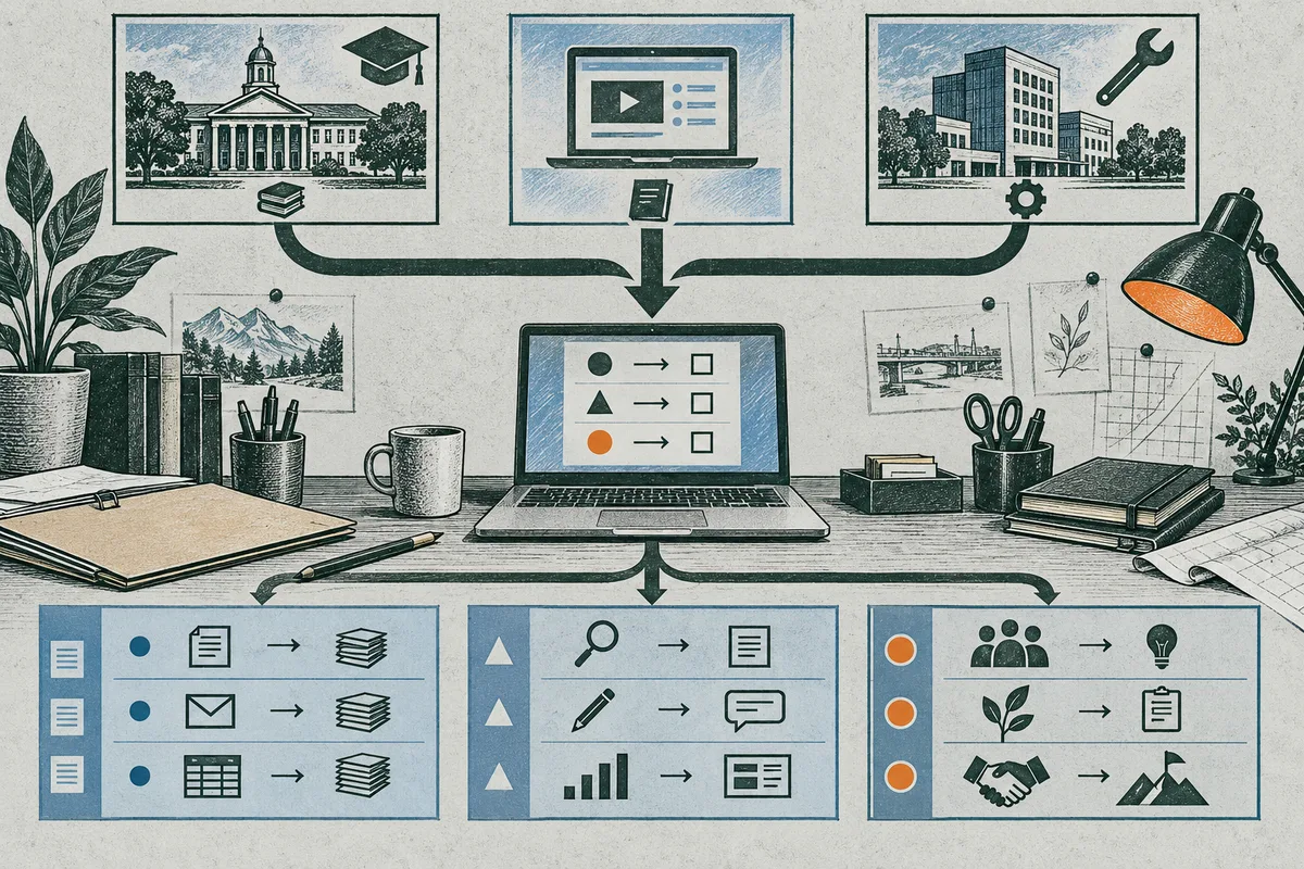 An illustrated desk shows a laptop connected to panels depicting a university, an online course, and a workplace. Arrows lead from the laptop to three rows of task icons and outcomes, with books, papers, a plant, and a desk lamp nearby.
