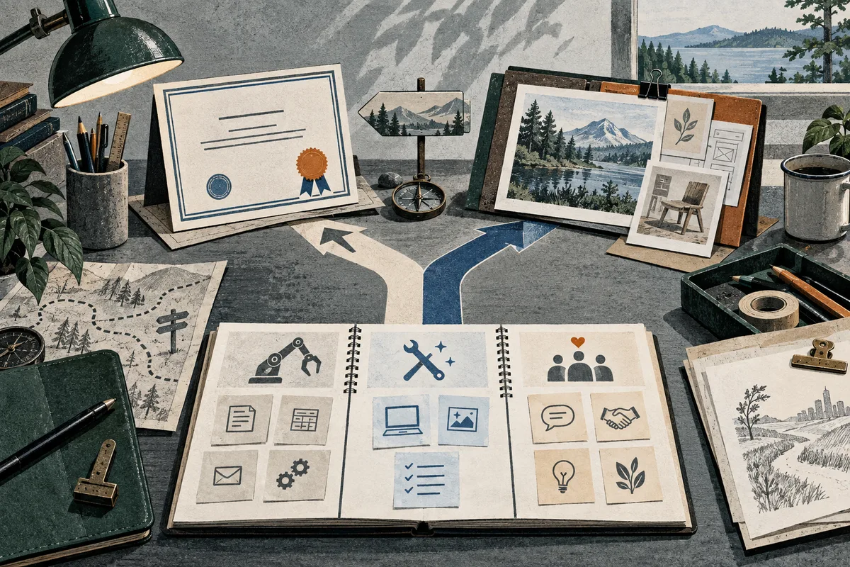 An open notebook displays icons for automated tasks, digital tools, communication, and human judgment; a branching path leads past a certificate, compass, landscape images, and a map.