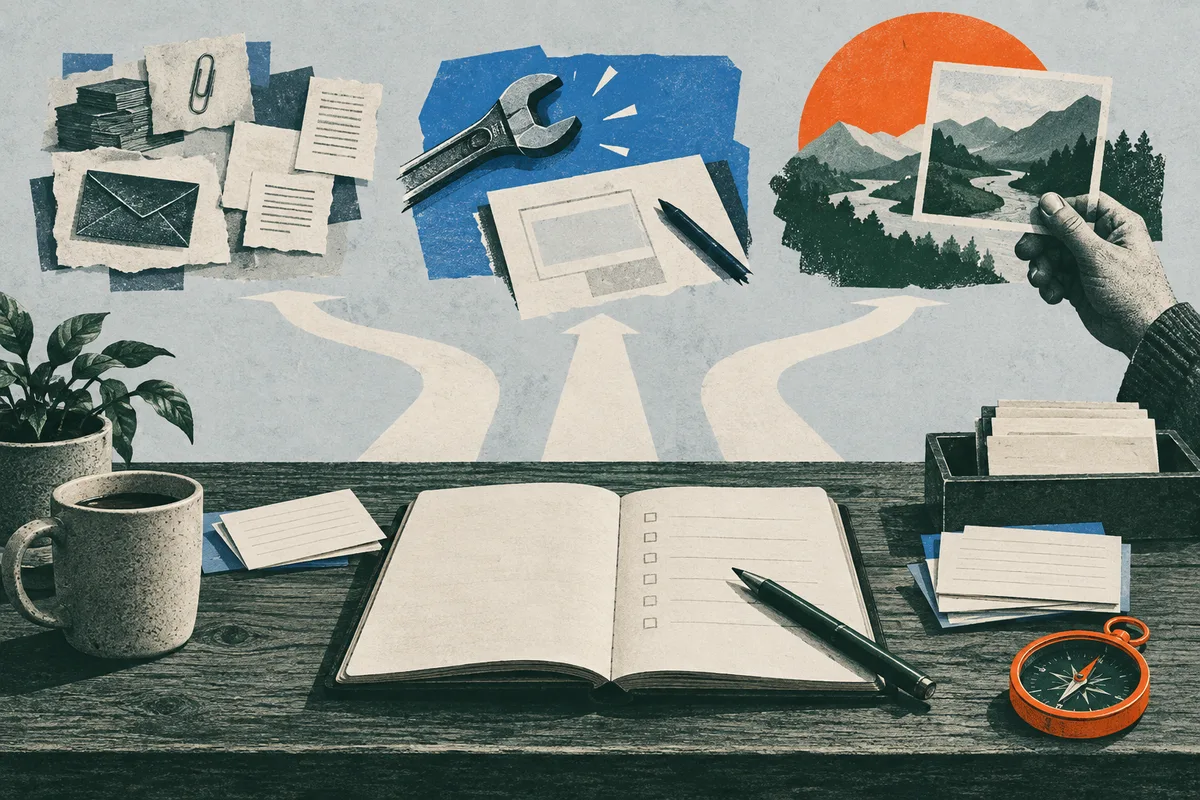 A hand holds a landscape photograph above a desk with papers, an envelope, a wrench, a pen, an open checklist notebook, and a compass.