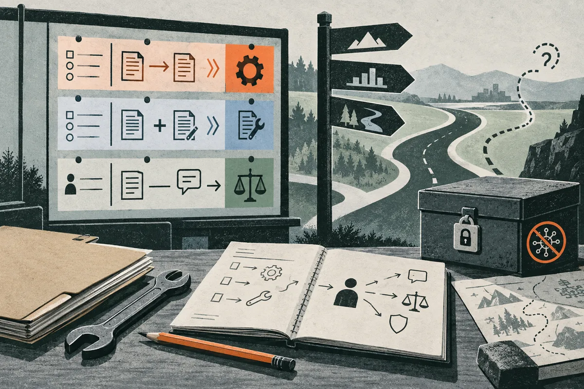 Illustrated task diagrams and an open notebook sit beside a winding mountain road, signpost, and locked case.