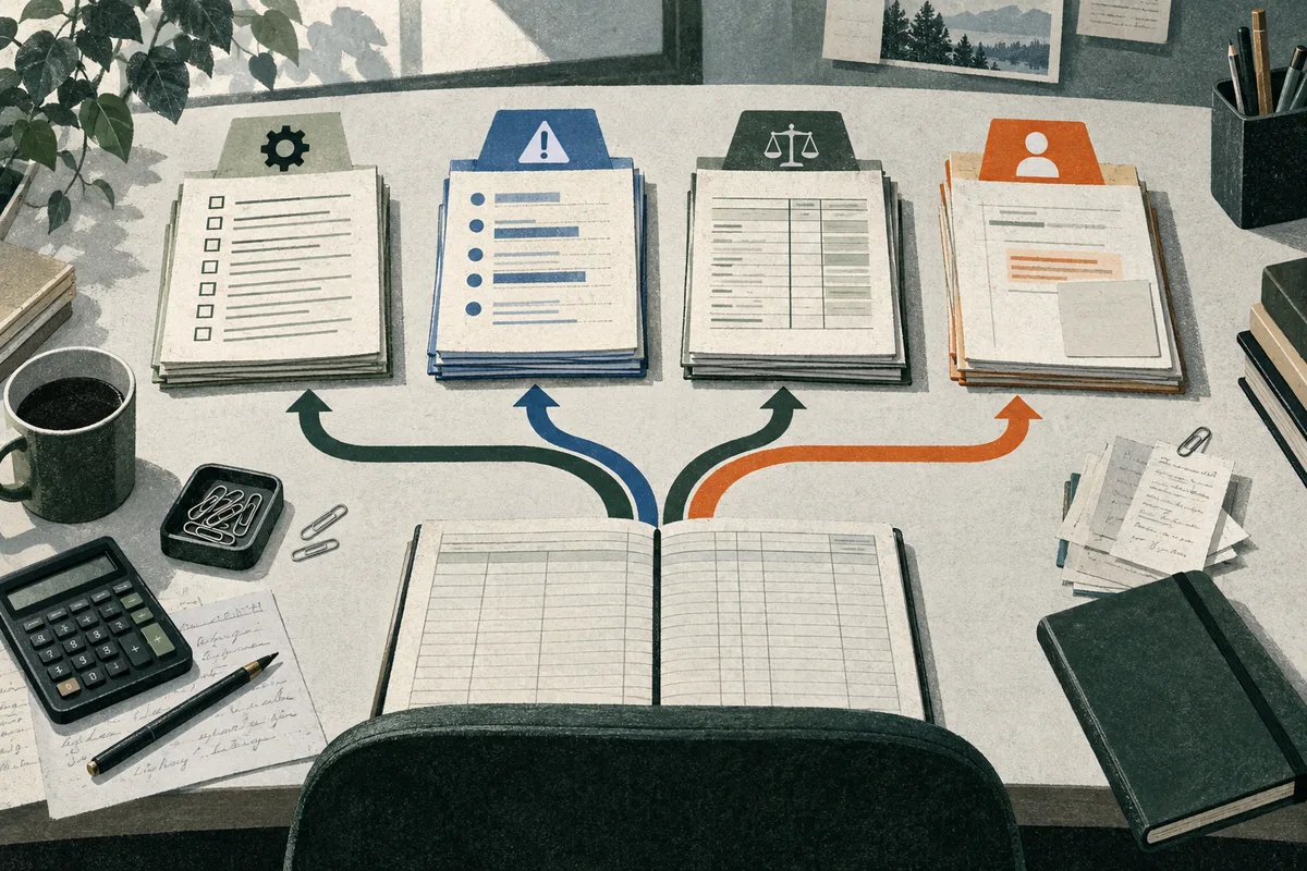 Four stacks of paperwork marked with gear, warning, scales, and person icons sit above colored paths that branch from an open ledger on a desk. A calculator, pen, coffee mug, paper clips, and notebook surround the ledger.