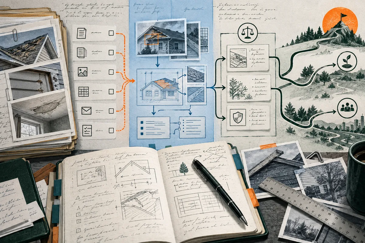 Collage of property photos, house diagrams, checklists, and an open notebook, with arrows branching across a landscape toward a mountain.