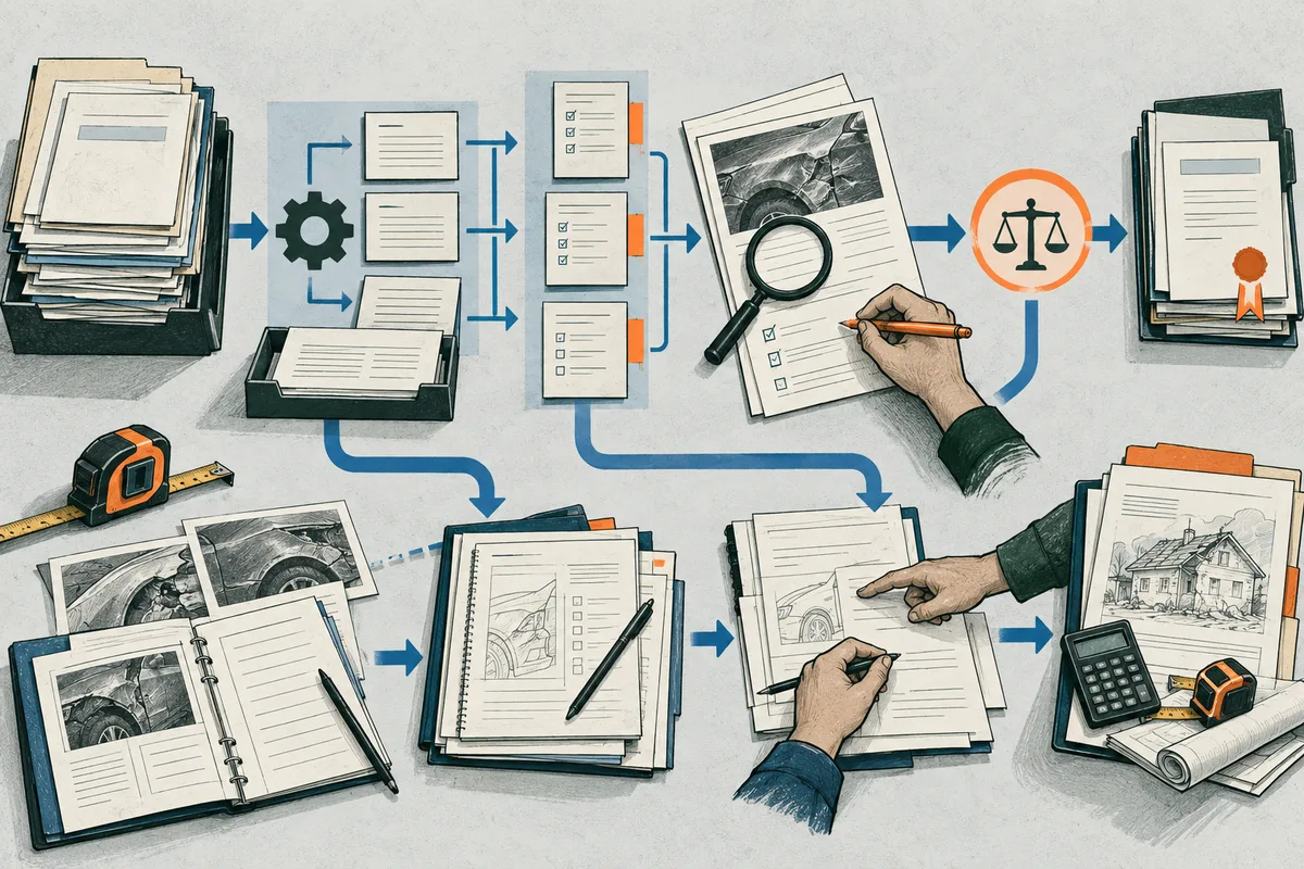 Illustrated document workflow with stacked files, house and car photos, forms, arrows, and hands reviewing paperwork with a magnifying glass and pencil.