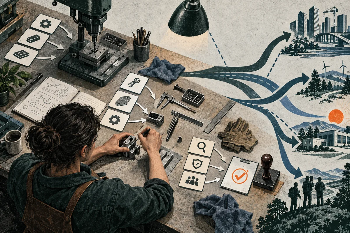 A worker assembles a small mechanism at a workbench, where illustrated task cards and branching paths lead toward city buildings, wind turbines, homes, and groups of people.