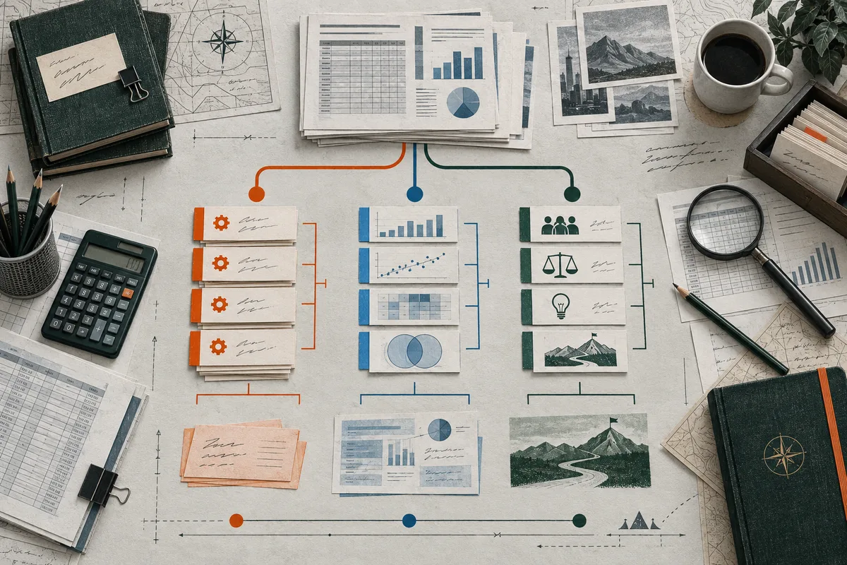Overhead view of a desk with papers, charts, colored branching diagrams, notebooks, a calculator, a magnifying glass, a coffee cup, and landscape photographs.