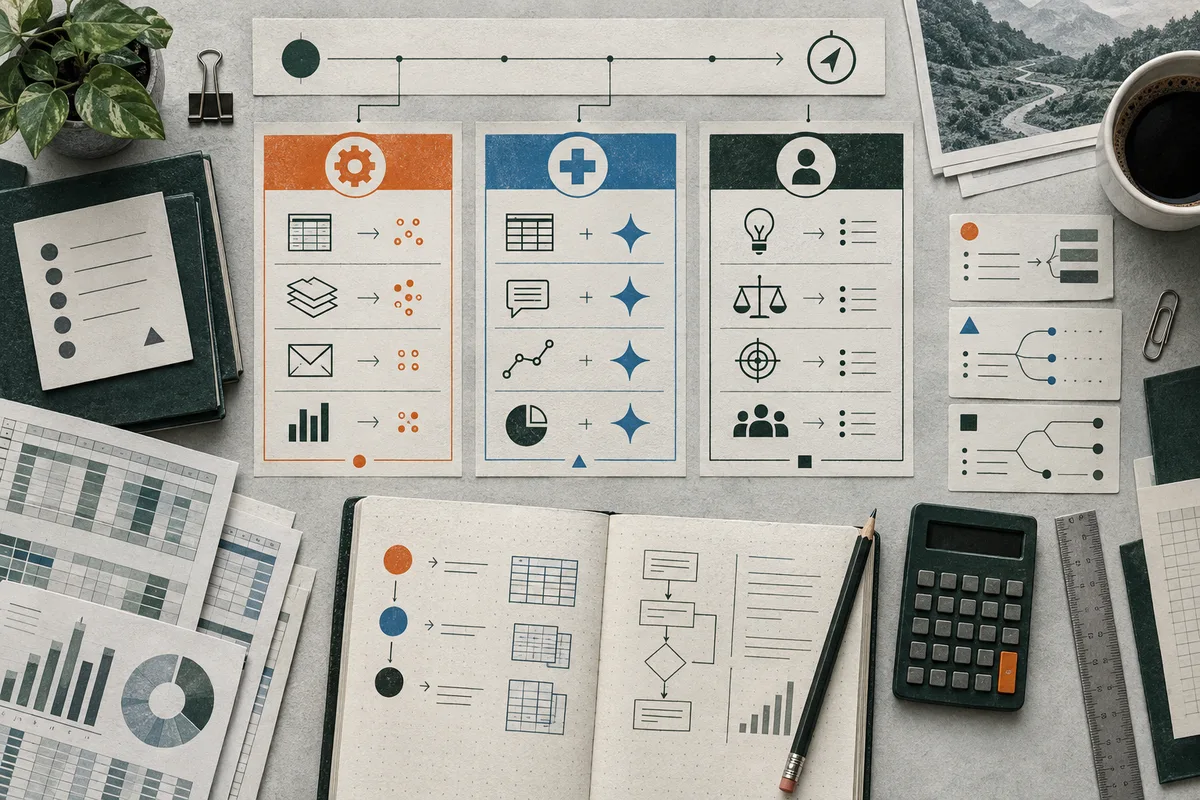 Overhead view of three colored diagram panels with icons and arrows, surrounded by charts, an open notebook, a calculator, a pencil, and office supplies.