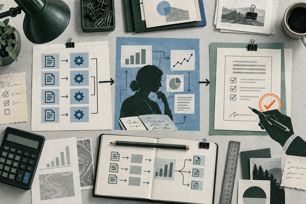 Overhead collage of flow diagrams, charts, an open notebook, a silhouetted seated person, and a hand marking a checklist with an orange check mark.