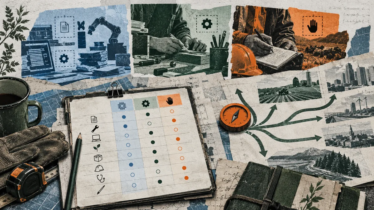 Textured collage of a work ledger with colored icon columns, work scenes, a robotic arm, a hard hat, buildings, landscapes, and branching arrows around a compass.