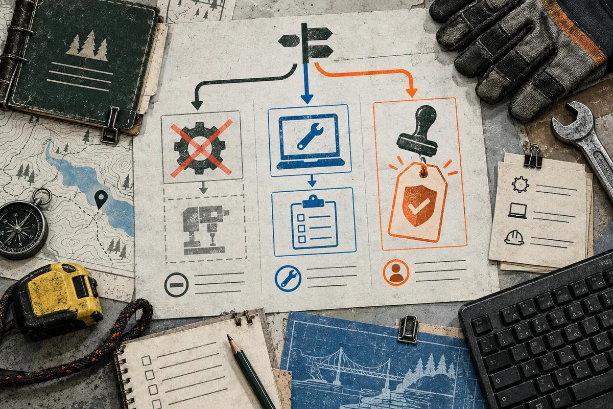 Overhead workbench with a signpost and colored arrows leading to three icon panels, surrounded by work gloves, a wrench, a map, a tape measure, notebooks, and a keyboard.