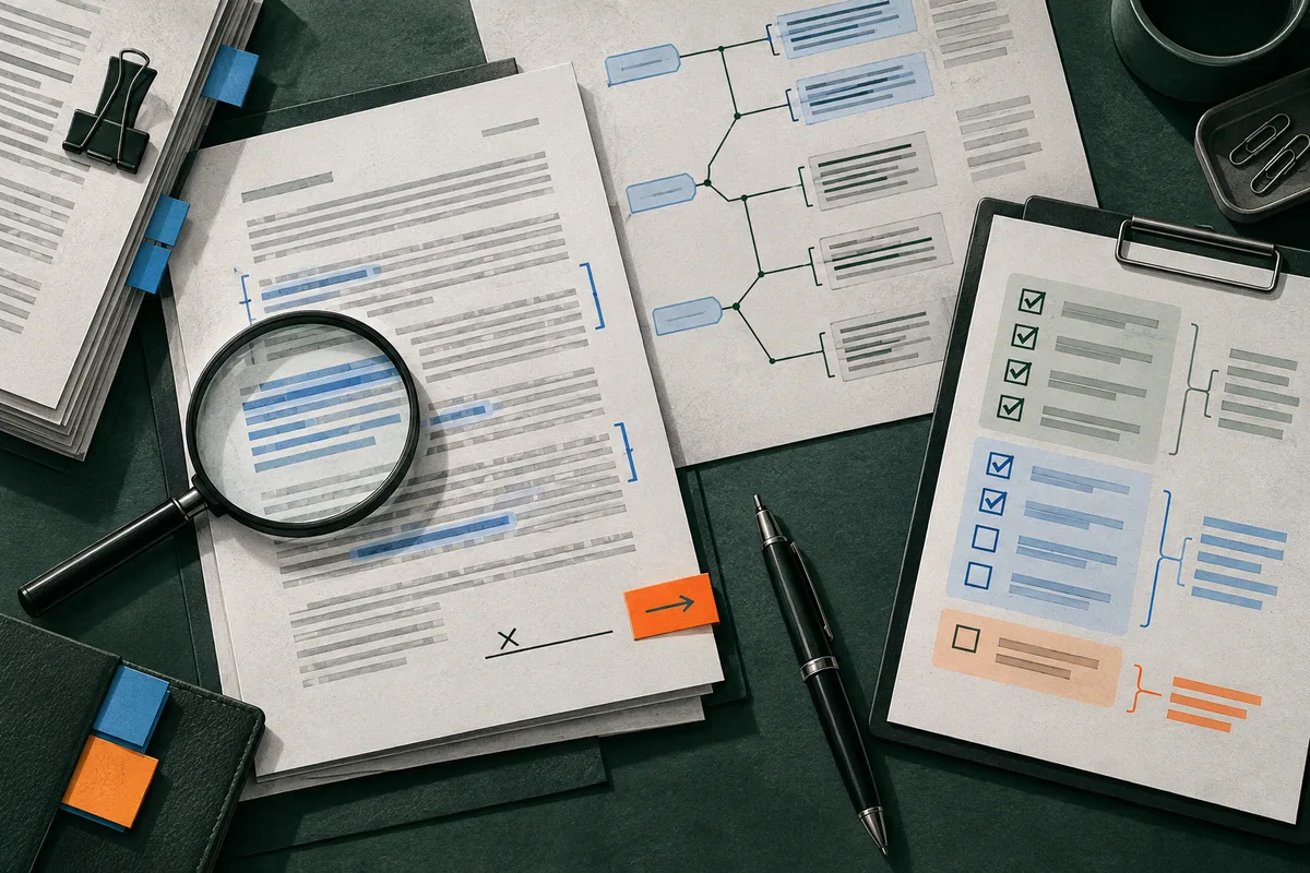 Overlapping contract pages with blue highlighted lines sit beside a branching diagram and a checklist with green, blue, and orange marks. A magnifying glass enlarges part of the documents, and a pen lies nearby.