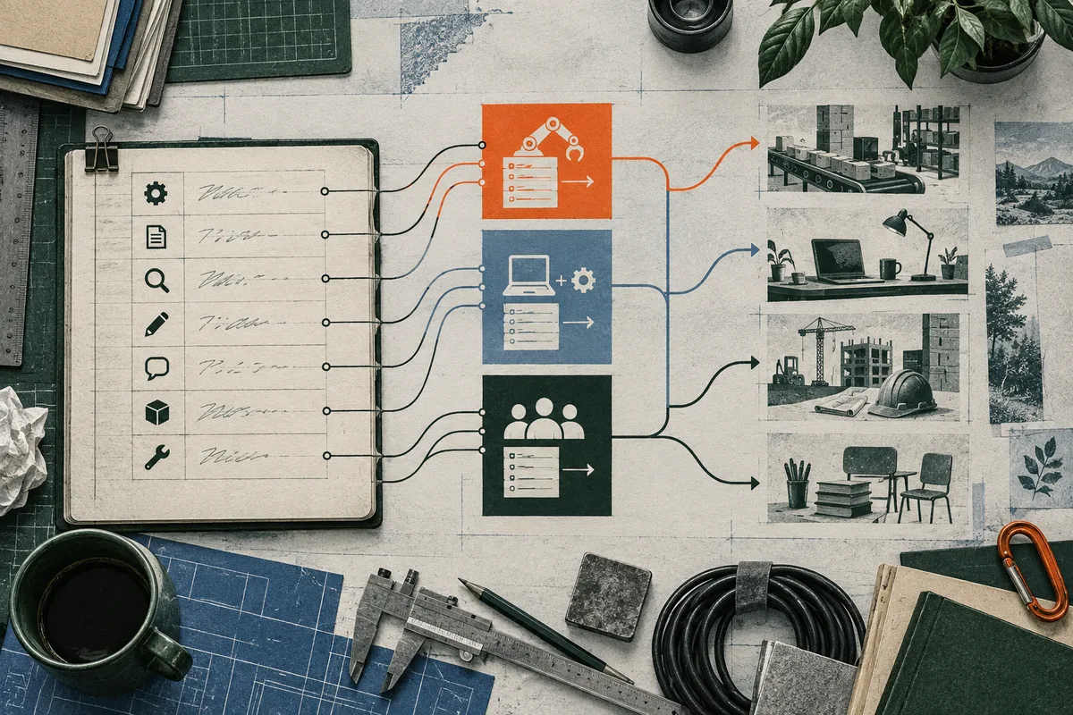Overhead illustration of a clipboard with rows of icons connected by black, blue, and orange lines to three colored panels and small scenes showing a conveyor belt, a laptop on a desk, a construction site, and chairs. Drafting tools, books, a plant, and a cup surround the layout.
