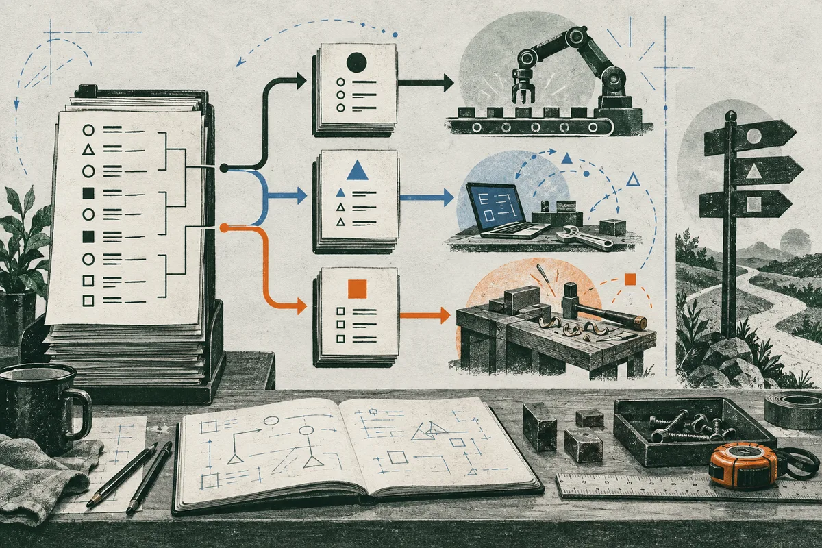 Illustration of stacked papers with rows of geometric symbols branching through black, blue, and orange arrows to cards and scenes of a robotic arm, a laptop with tools, and a workbench. An open notebook, pencils, a ruler, a tape measure, and a signpost sit on the table.
