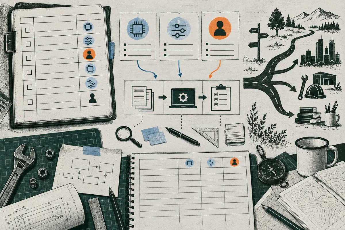 Overhead illustration of worksheets and cards marked with chip, slider, and person icons, connected by arrows to documents, a laptop, and a checklist. A branching road leads toward mountains, buildings, and a small workshop, with tools, notebooks, a compass, and cups around the scene.