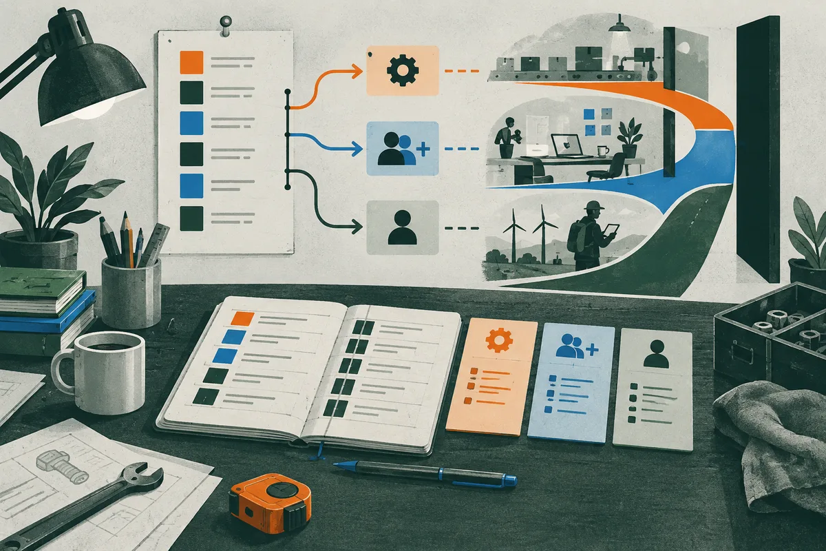 Illustration of a colored list branching to panels with a gear, a group icon, and a person icon, then to scenes of a conveyor belt, a desk, and a person with a hat and backpack near wind turbines. An open notebook, colored cards, a lamp, plants, tools, and a tape measure fill the foreground.