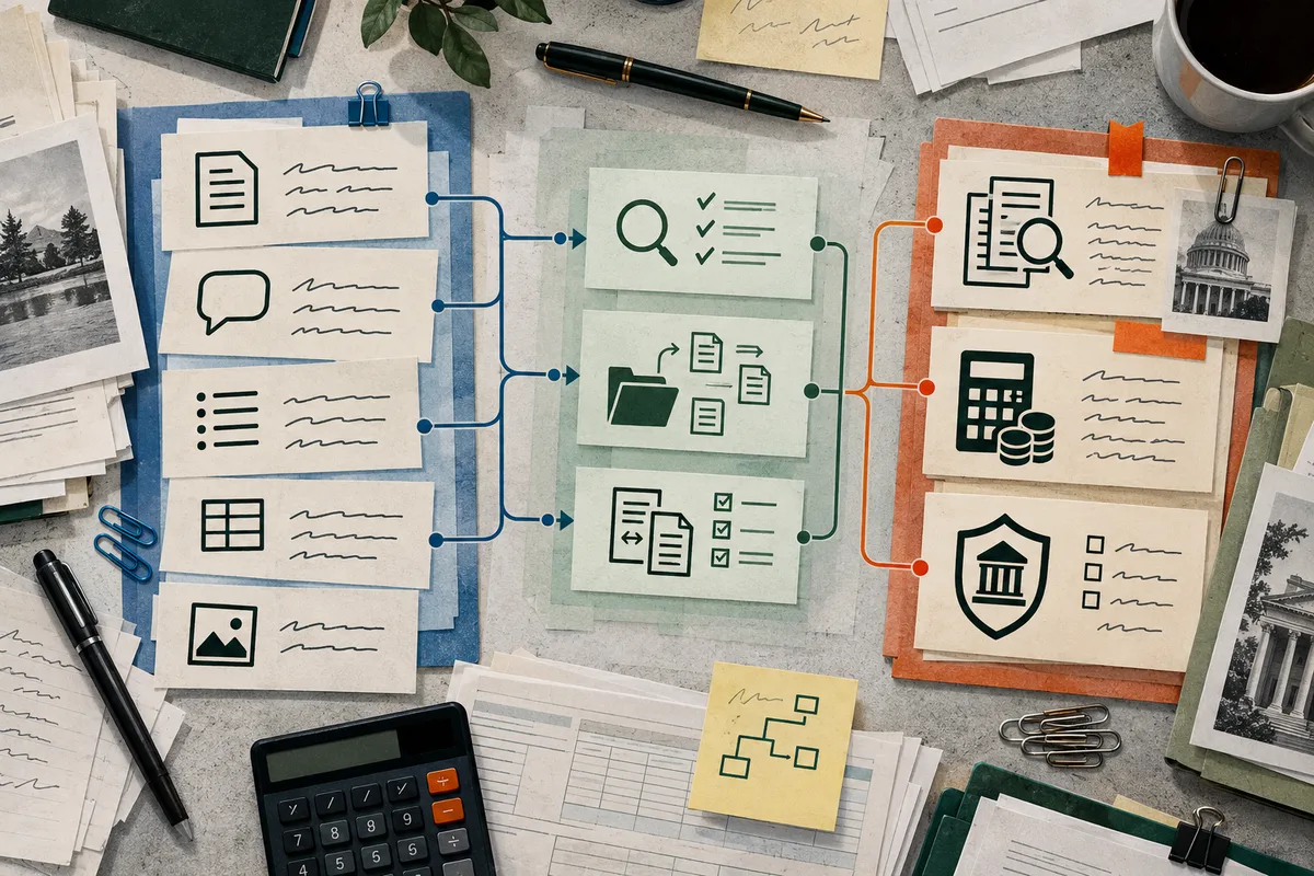 Overhead view of paper task cards connected by arrows, with document, search, checklist, calculator, and shield icons on a desk covered with notes and office supplies.