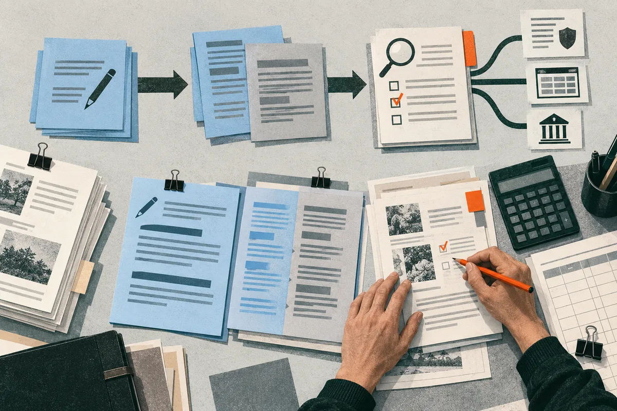 Overhead view of hands checking a paper form with an orange pencil beside stacked documents, a calculator, and arrows connecting writing, review, and checklist pages.