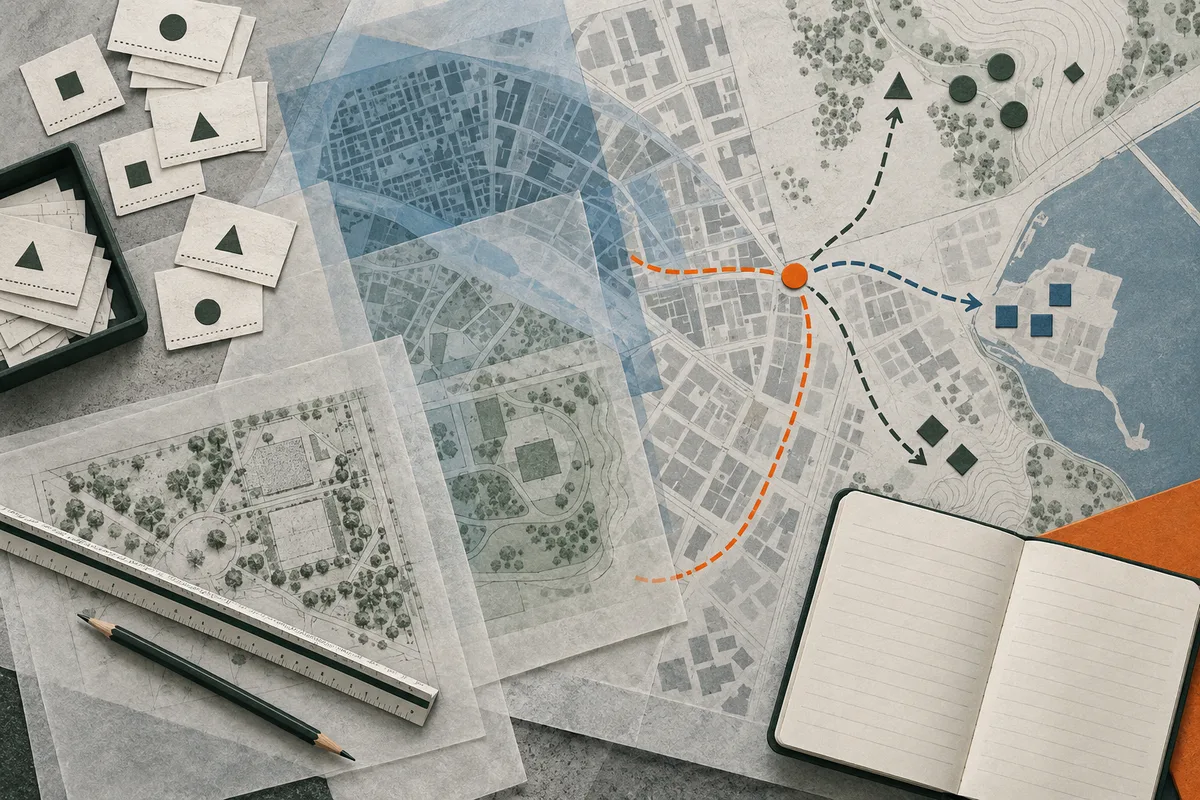 Layered city maps and site plans surround a branching network of dashed orange, blue, and green routes, with map markers, a ruler, pencil, and blank notebook on a work surface.