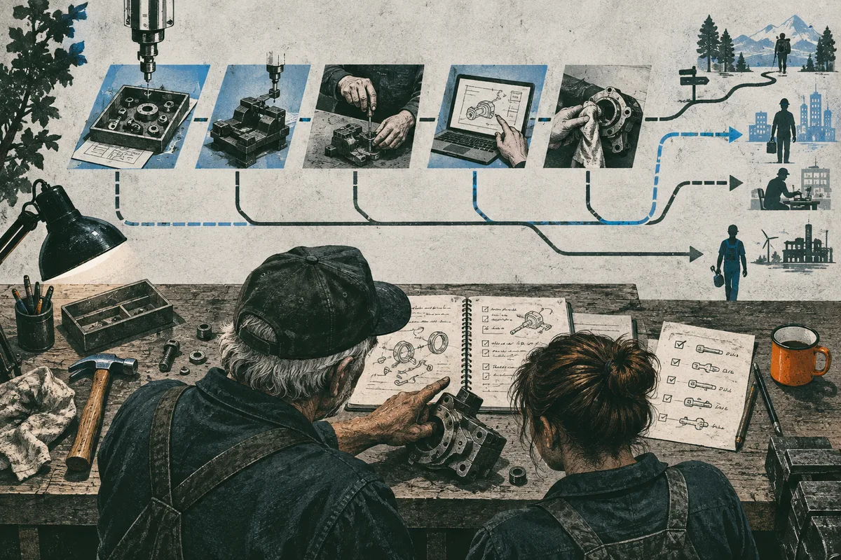 Two workshop workers examine a metal component and illustrated notes at a workbench, beneath a diagram tracing different work processes toward people and workplaces.