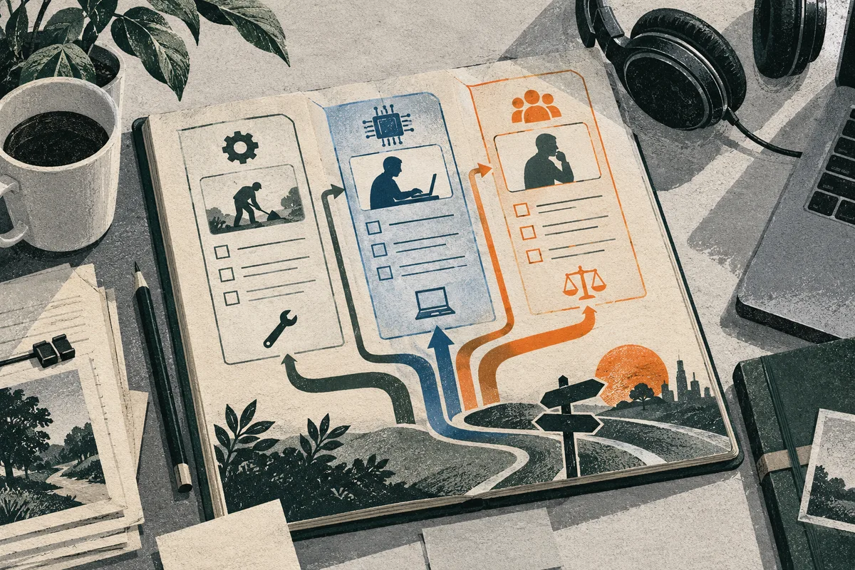 An illustrated open ledger shows three task panels with worker silhouettes, a computer and checklist icons, and colored arrows leading to branching paths across a landscape. A mug, headphones, papers and a laptop sit around it.