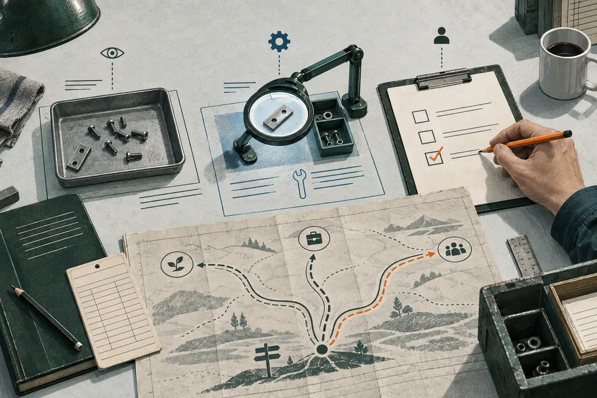 A workbench holds a tray of screws, a magnifier over small parts, and a clipboard as a hand checks a box with a pencil. A map below shows branching routes linking plant, briefcase and group icons.