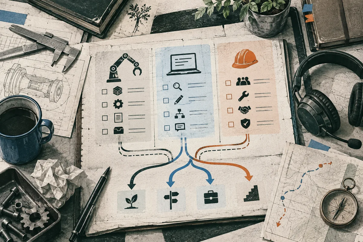 Three illustrated task lists show a robotic arm, a laptop, and a hard hat with people and safety symbols. Colored paths lead from the lists to icons of a plant, signpost, briefcase, and rising chart, surrounded by tools, a mug, headphones, and a map.