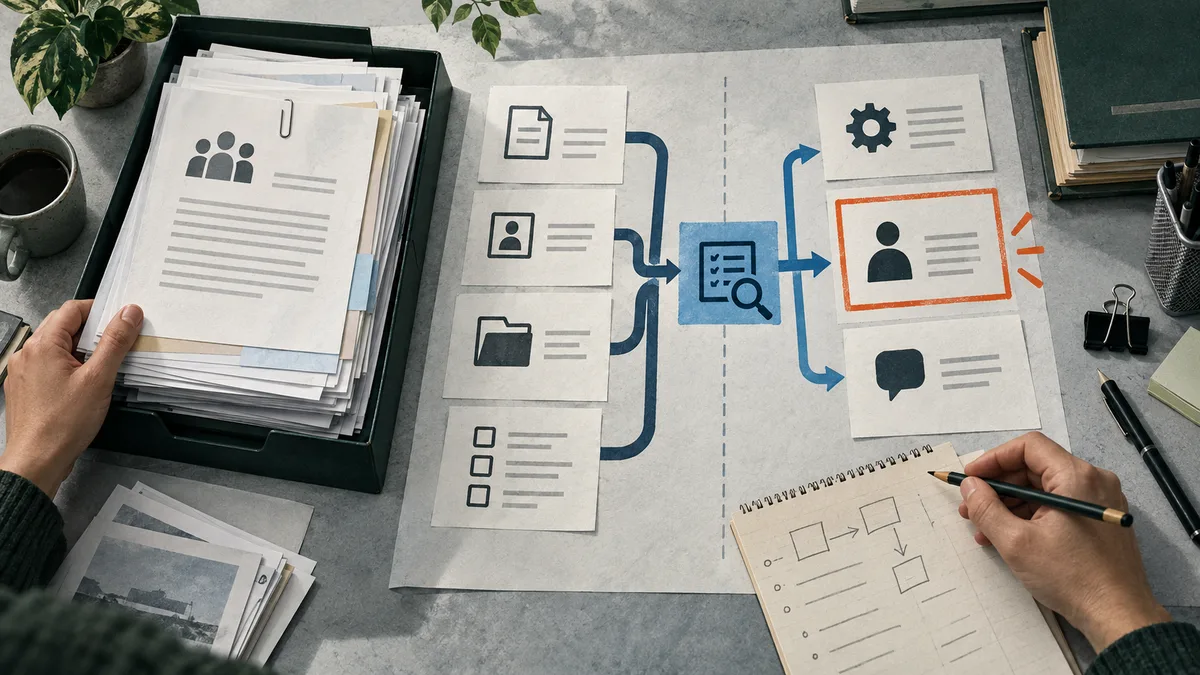 An overhead view of a desk with a tray of papers, a flow diagram of document and person icons, and a hand writing notes in a notebook.