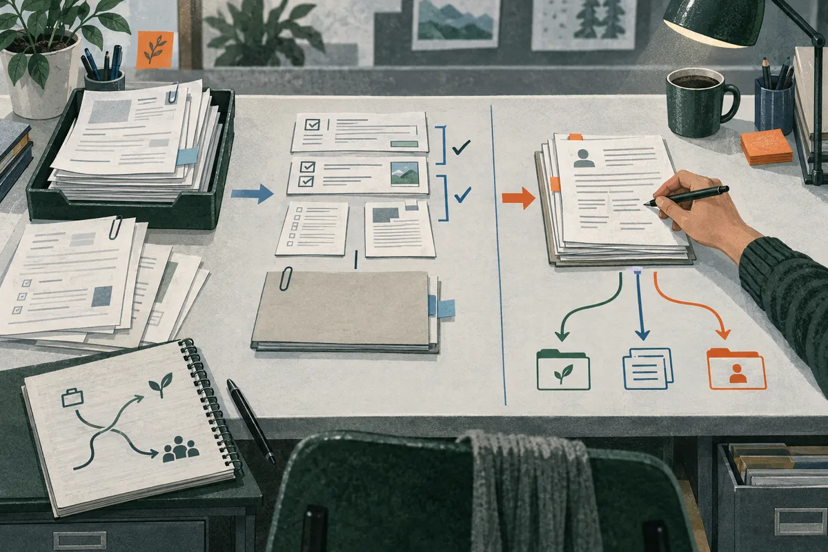 Papers and checked forms are arranged across a desk, with arrows leading to a stack of papers a hand is writing on and three folder icons.