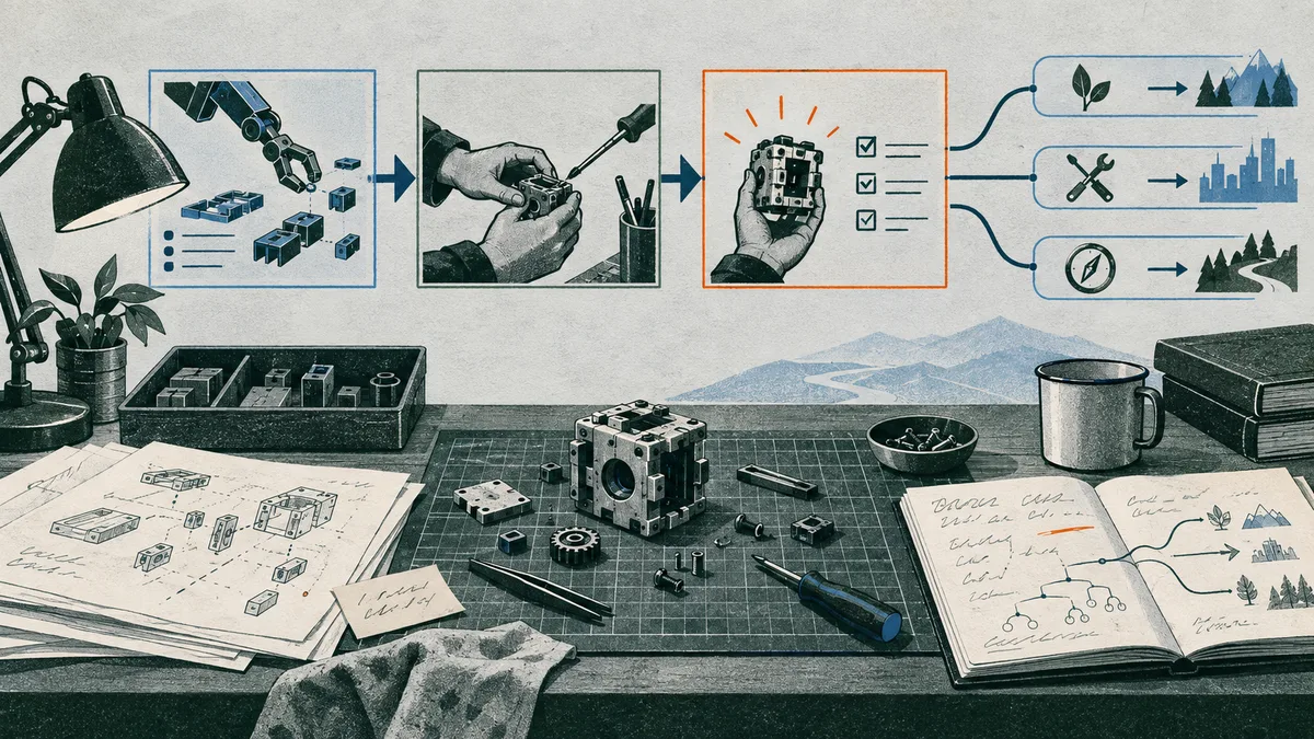 Illustrated workbench with technical drawings and tools beneath a sequence showing a mechanical arm handling blocks, hands assembling a part, and a hand holding a device beside checkboxes; lines branch to nature, city, and compass icons.