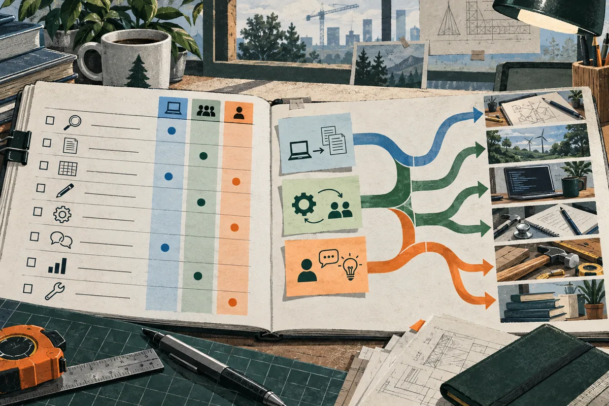Open illustrated ledger with task icons and colored columns, alongside three branching arrows leading to small scenes of engineering, outdoor energy, computer work, and construction tools.