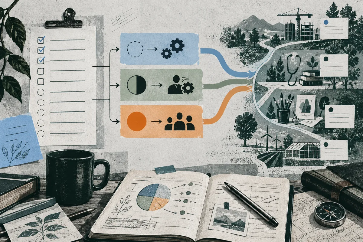 Collage of a clipboard, colored flow diagrams, winding paths through a mountainous landscape, and an open notebook with a pie chart on a desk.