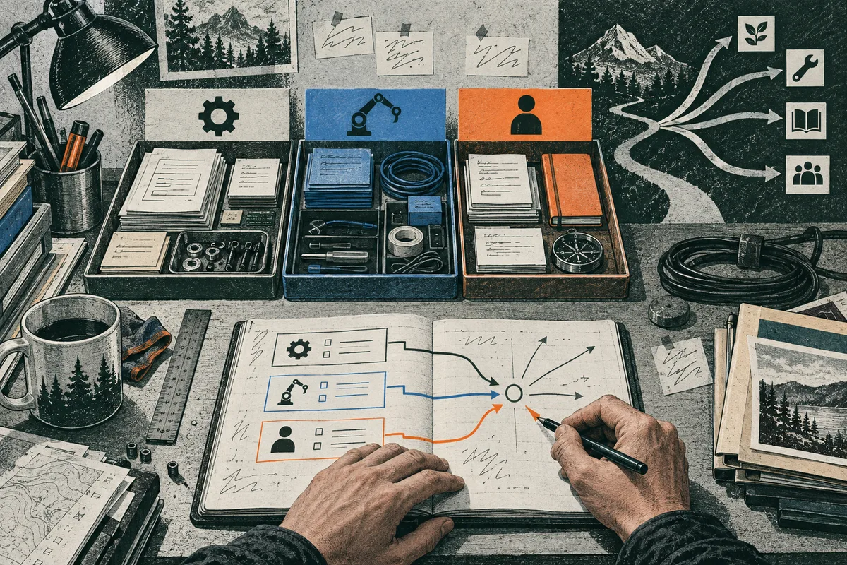 Desk scene with three trays of papers and tools, an open notebook with colored arrows, and hands drawing a branching diagram with a pen.
