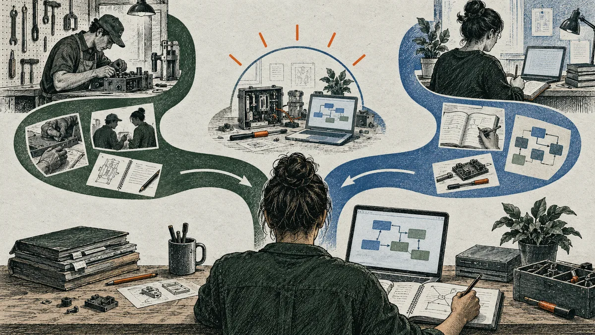 A person at a desk with a laptop and notebook, surrounded by branching paths linking workshop and computer work scenes.