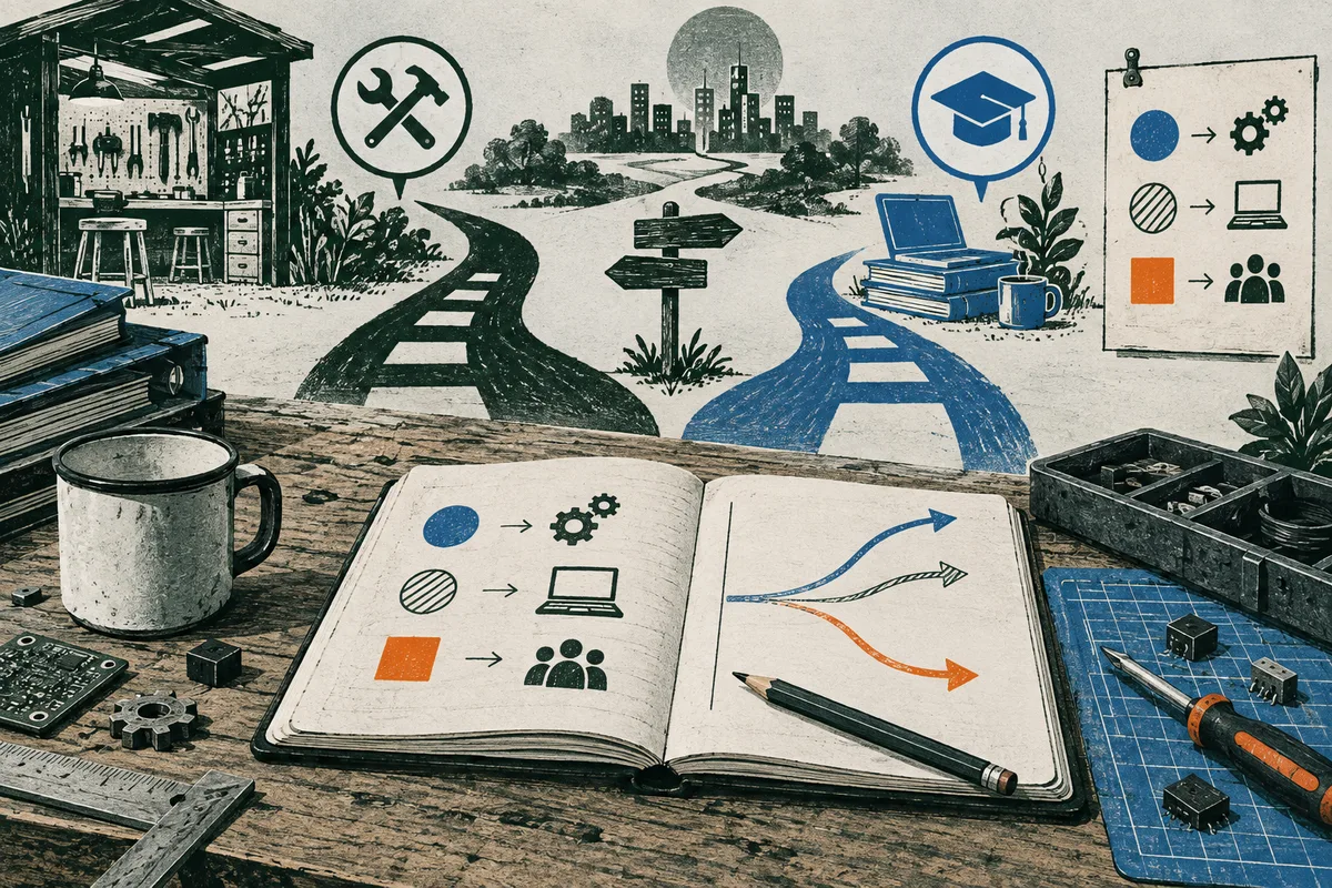 An open notebook with diagrams sits among workshop tools, with branching paths leading toward a workshop and books beneath a graduation cap.
