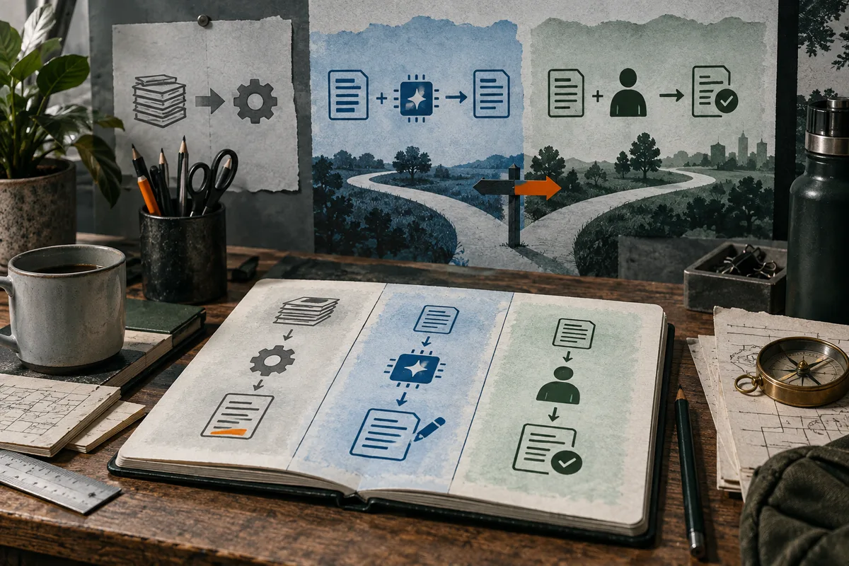 An open notebook on a desk shows three illustrated task flows: stacked papers to a gear and marked document, a document through a blue chip to an edited document, and a document beside a person icon leading to a checked document. Behind it, branching paths cross a wooded landscape beneath matching flow symbols.