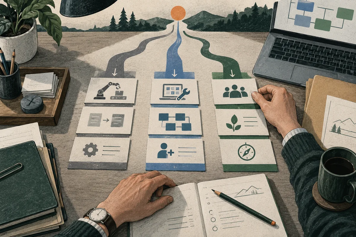Illustrated desk with three branching paths leading to rows of illustrated cards, beside a laptop, notebooks, pencils, and a potted plant; two hands rest on the desk.