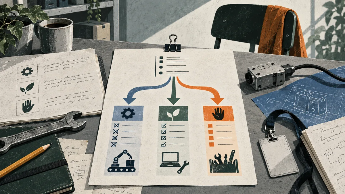 A workbench scene with a central task sheet branching into three colored columns of checklists and work icons, surrounded by tools, notes, a cable, and a chair.