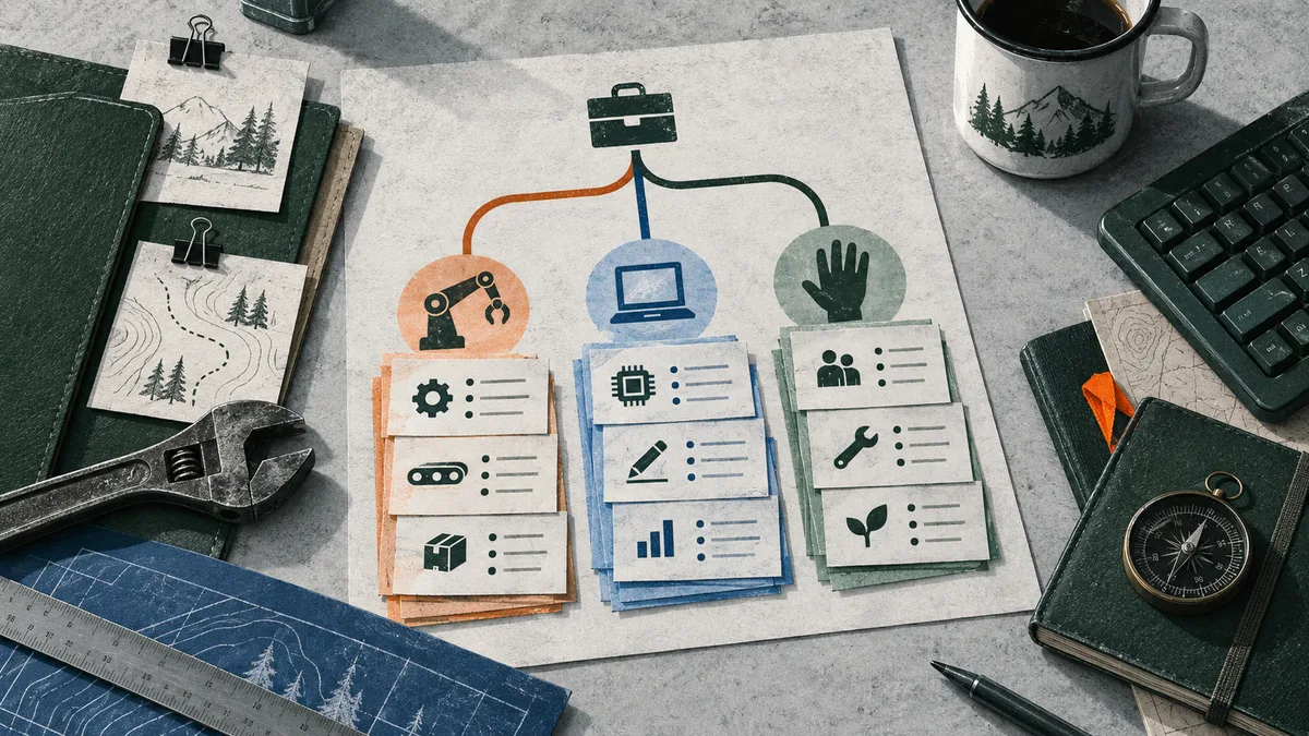 Three color-coded stacks of task cards sit beneath icons of a robot, a computer, and a human hand, connected by branching lines on a desk.