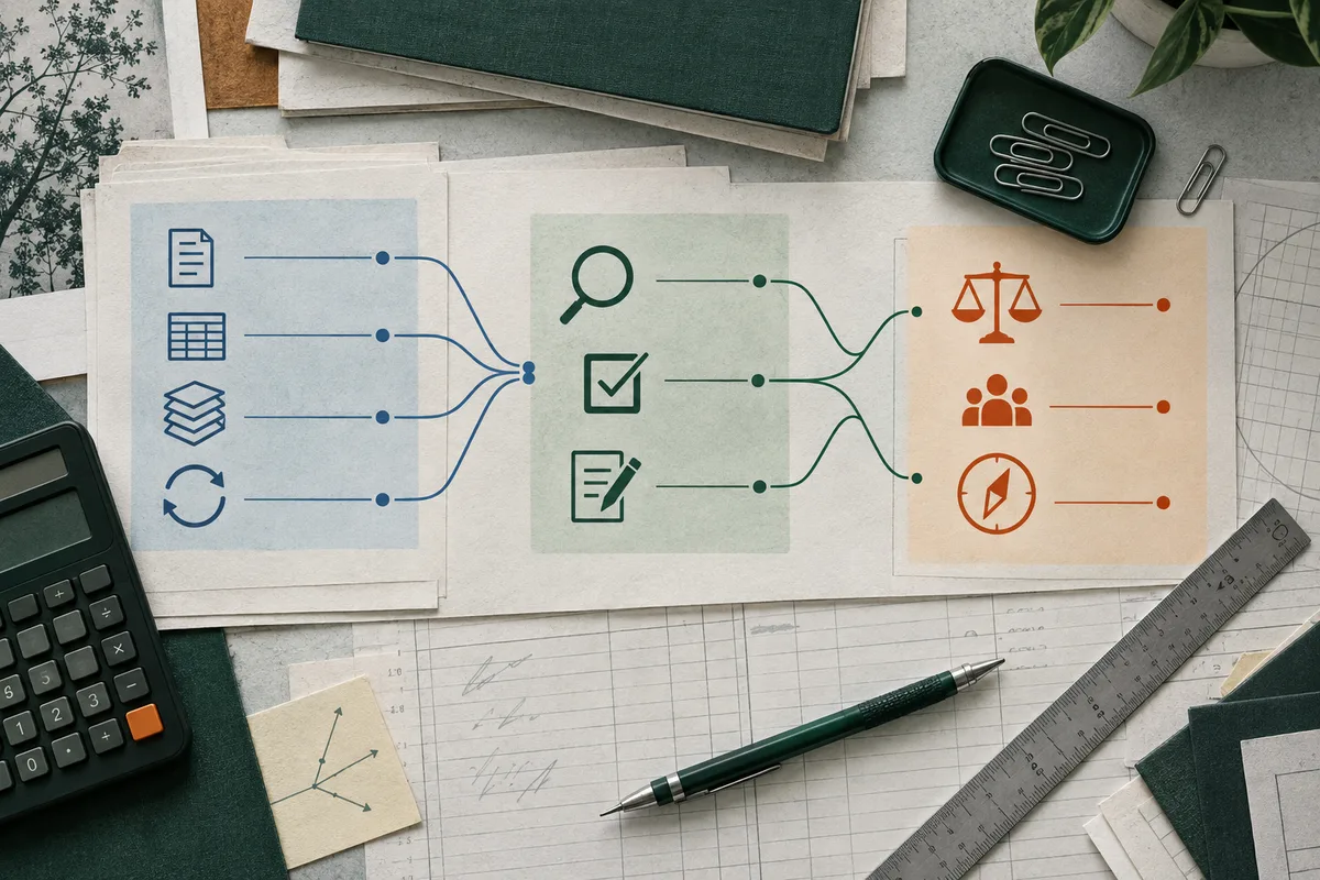 A branching workflow diagram on a desk: document, spreadsheet, stacked papers and circular arrows lead through a magnifying glass, checked box and notes toward a balance scale, group icon and compass. A calculator, pencil, ruler and paper charts surround it.
