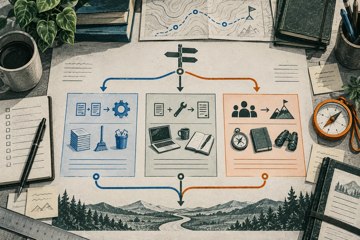 Illustrated desk scene with a central signpost, blue and orange branching paths, three paper panels with document, gear, group, compass, and mountain symbols, and a landscape at the bottom.