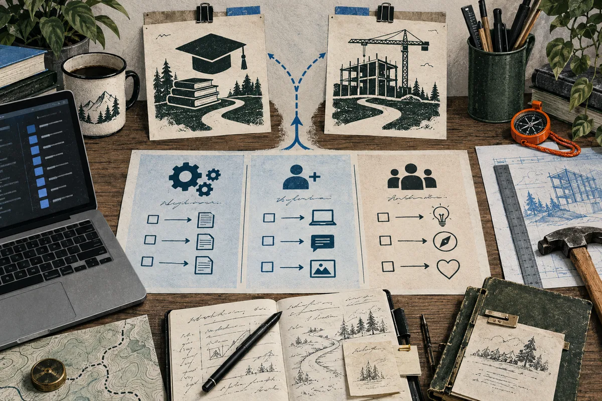 Desk with a laptop, notebooks, coffee cup, compass, tools, and two clipped paper illustrations showing a graduation cap and a construction crane; three lower panels contain gears, a person with a laptop, and a group with a light bulb.