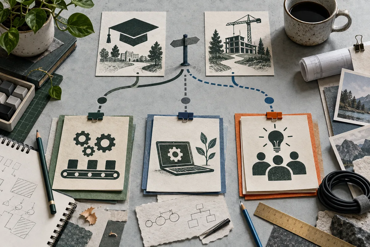 Top-down paper collage with two upper cards showing a graduation cap and a construction crane, connected by paths to three lower cards featuring gears, a laptop with a gear, and a group beneath a light bulb.