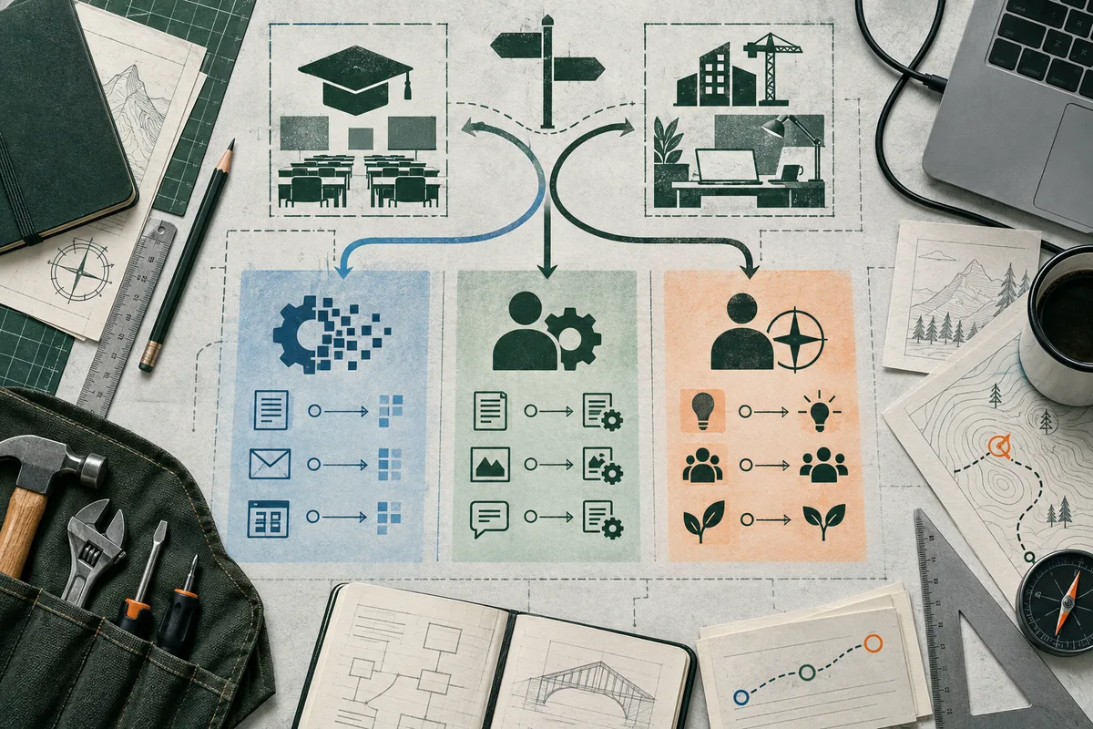Illustrated workbench with classroom and construction scenes at the top, branching arrows, and three colored panels below showing document symbols, a person with gears, and people with light bulbs and plants.