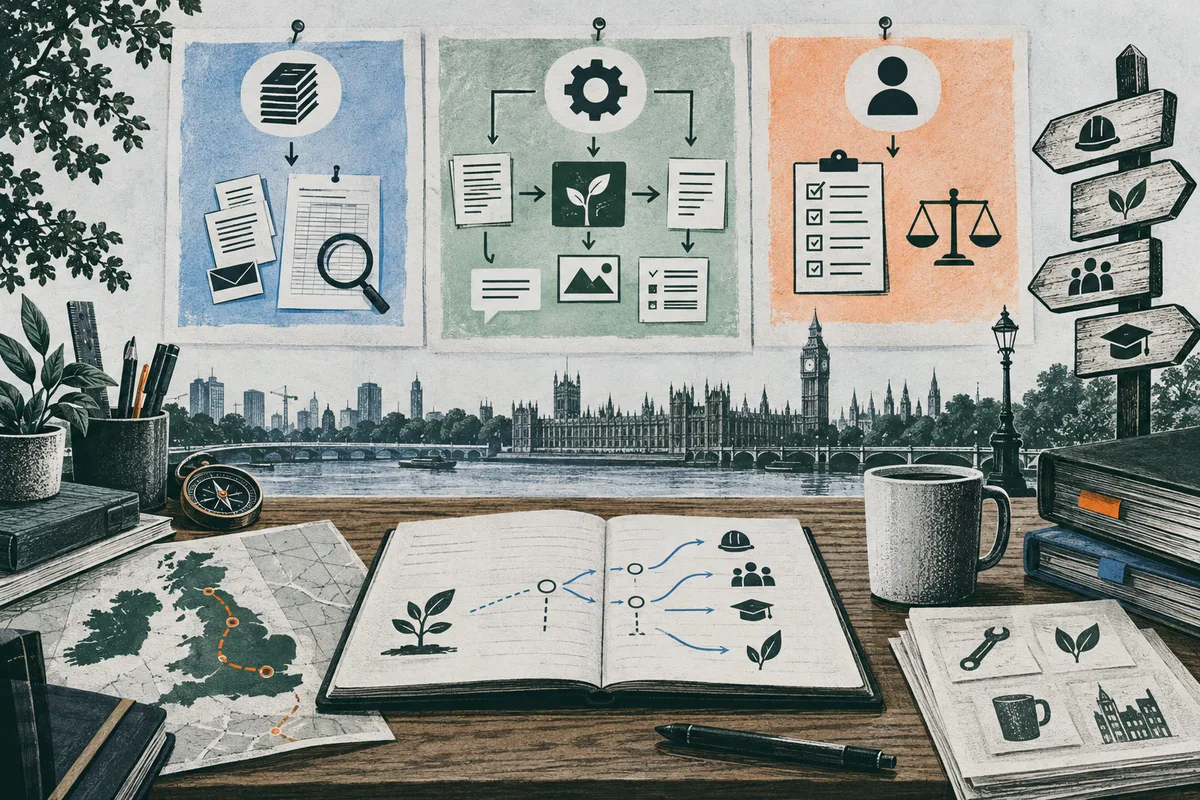 An illustrated desk with an open book showing branching arrows between a plant, tools, people and buildings. Behind it are three pinned panels of document, process and checklist icons, a map marked with an orange route, and a London skyline.
